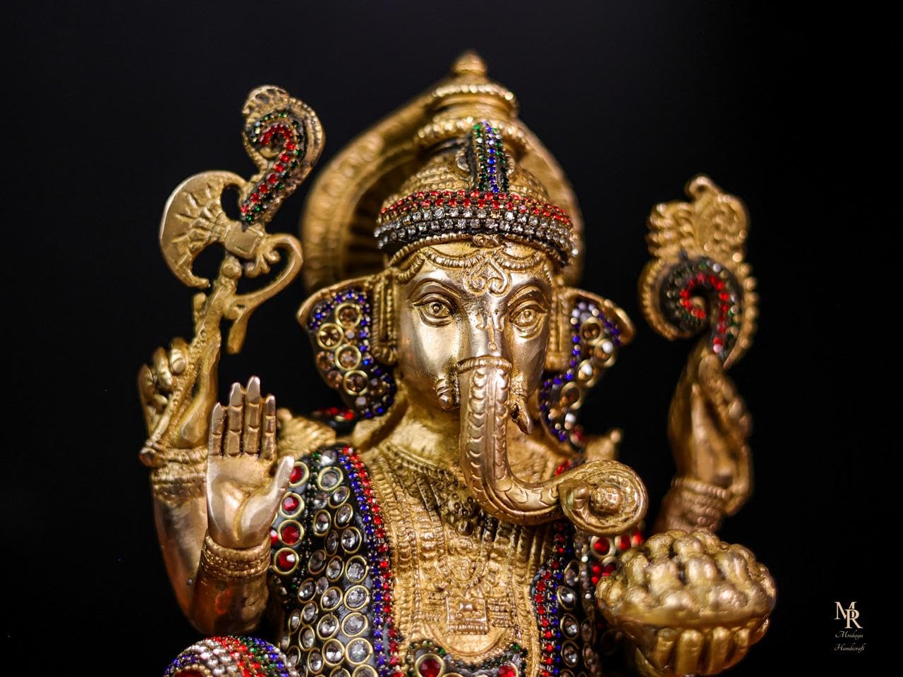 Mridaya Brass Ganesha Statue With Mosaic Stonework, 24 Cm Brass Ganesh Statue, Ganpati Idol, Good Luck Gift For New Beginnings,